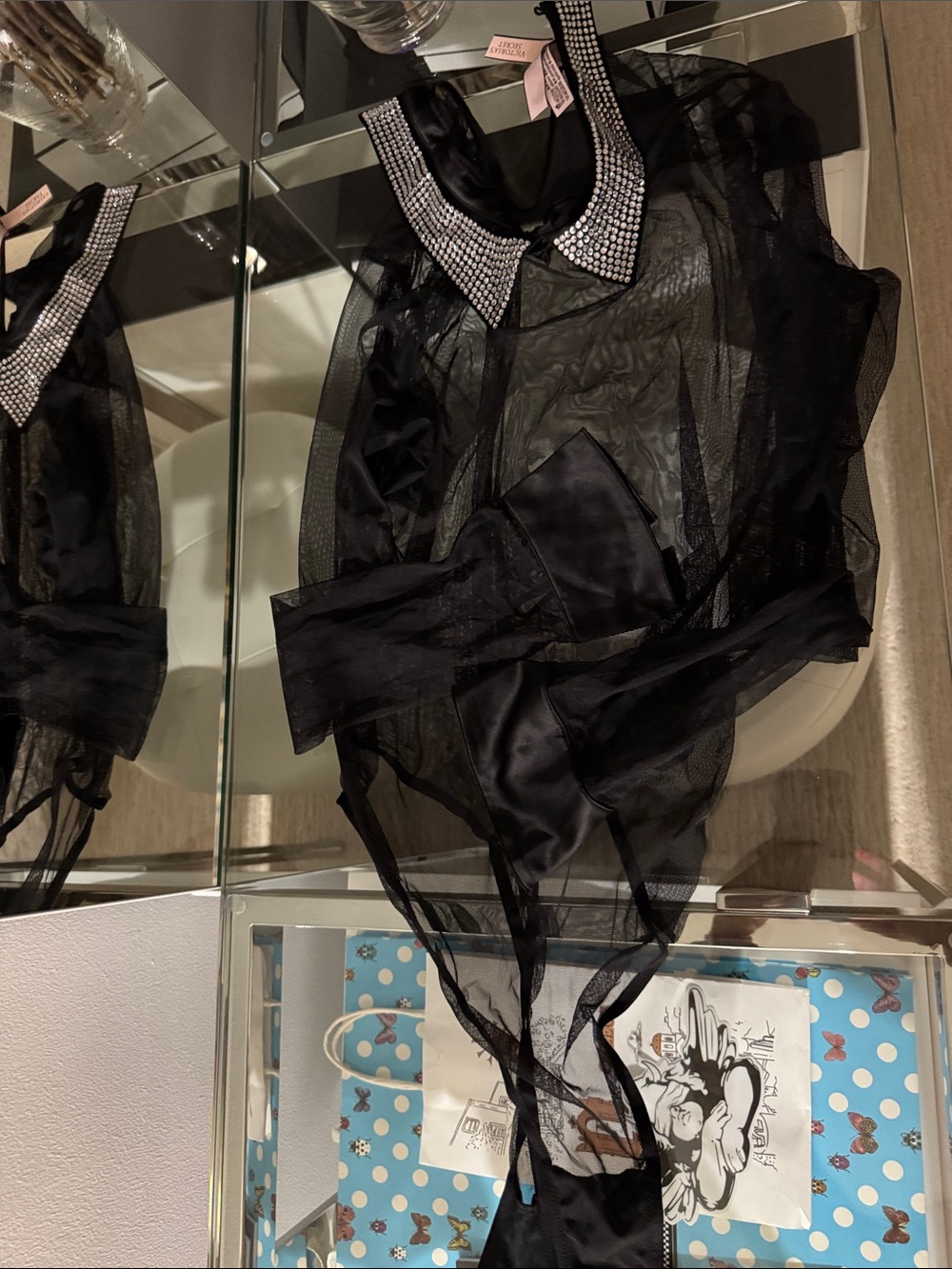 PINK Victoria's Secret Black Sheer Rhinestone-Collar Bodysuit